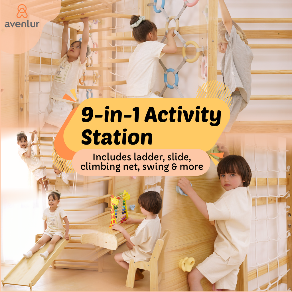 Walnut Modular 9-in-1 Swedish Ladder Wall Gym – Indoor Climber for Kids & Toddlers 95" Height