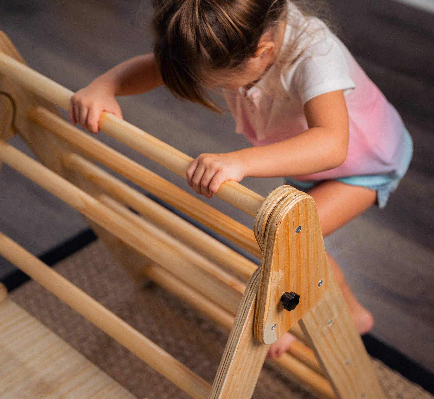 Child Climbing Avenlur Wood Ladder With No Harmful Plastic Compounds