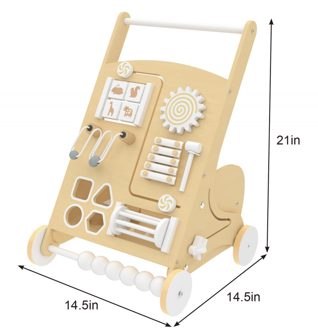 Children's activity walker with various educational elements and dimensions on a white background
