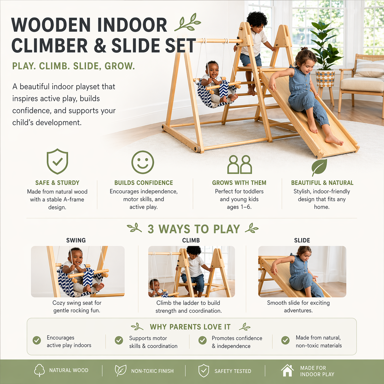 Wooden indoor climber and slide set with children playing, featuring text about its benefits and uses.