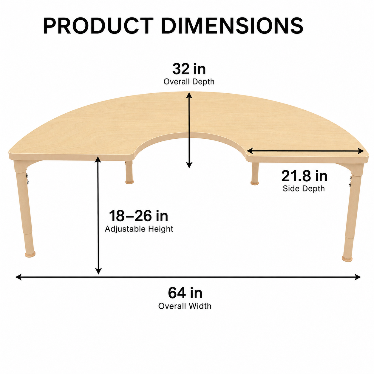 Half-Circle Adjustable Kids Classroom Table – 64"×32", 17"–25" Height | Teacher & Small-Group Station