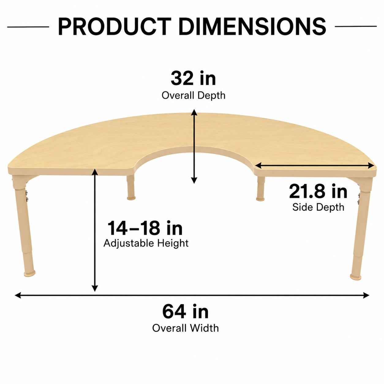 Half-Circle Adjustable Kids Classroom Table – 64"×32", 13"–17" Height | Teacher & Small-Group Station