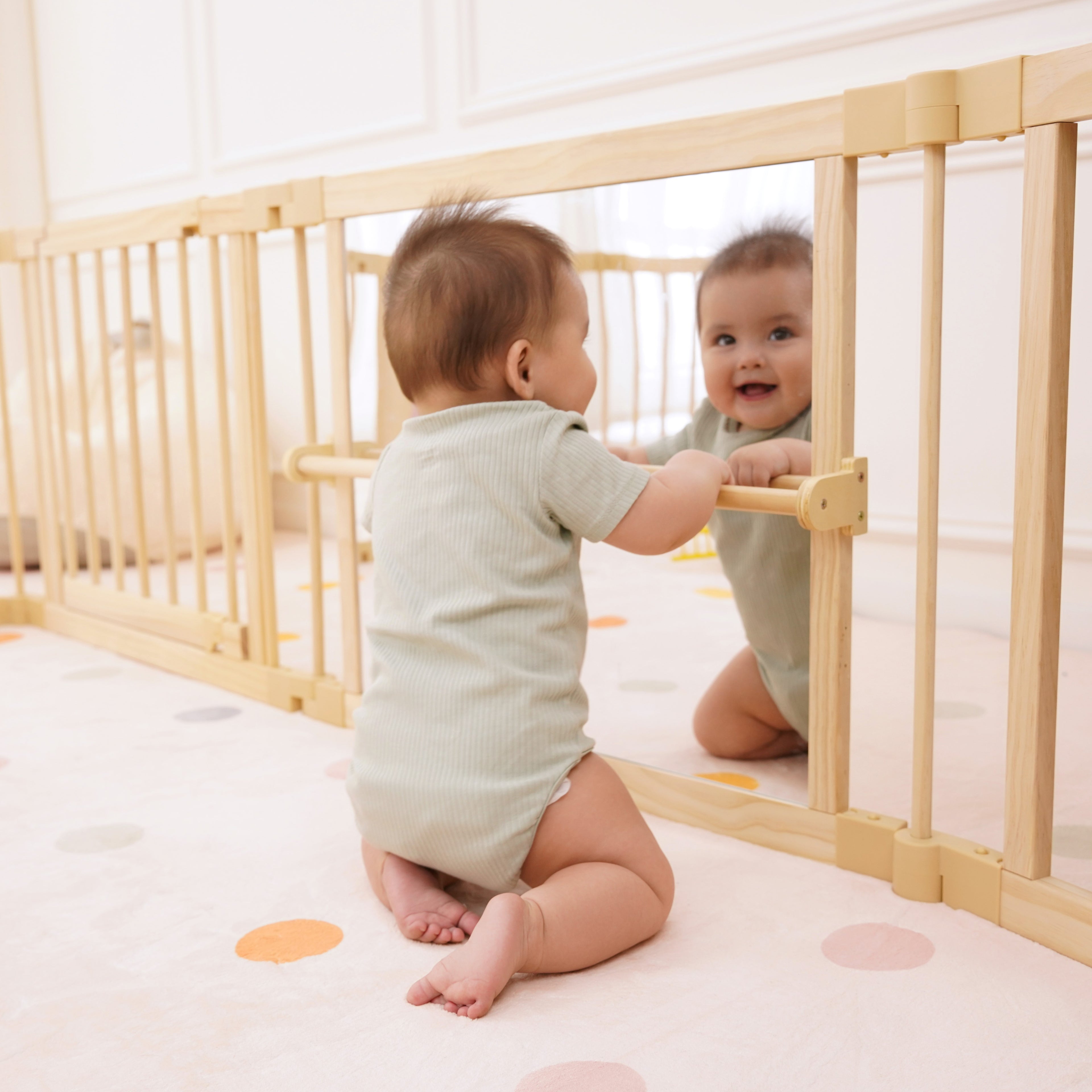 Wooden Baby Playpen with Mirror & Whiteboard Panel – Foldable 63" x 63" Montessori Sensory Play Yard