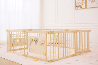 Wooden Baby Playpen with Sensory Activity Panels – 63" x 63" Square, Foldable Indoor Play Yard with Montessori Toys