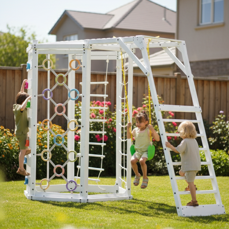 Children playing on a white playset in a backyard with a clear sky.