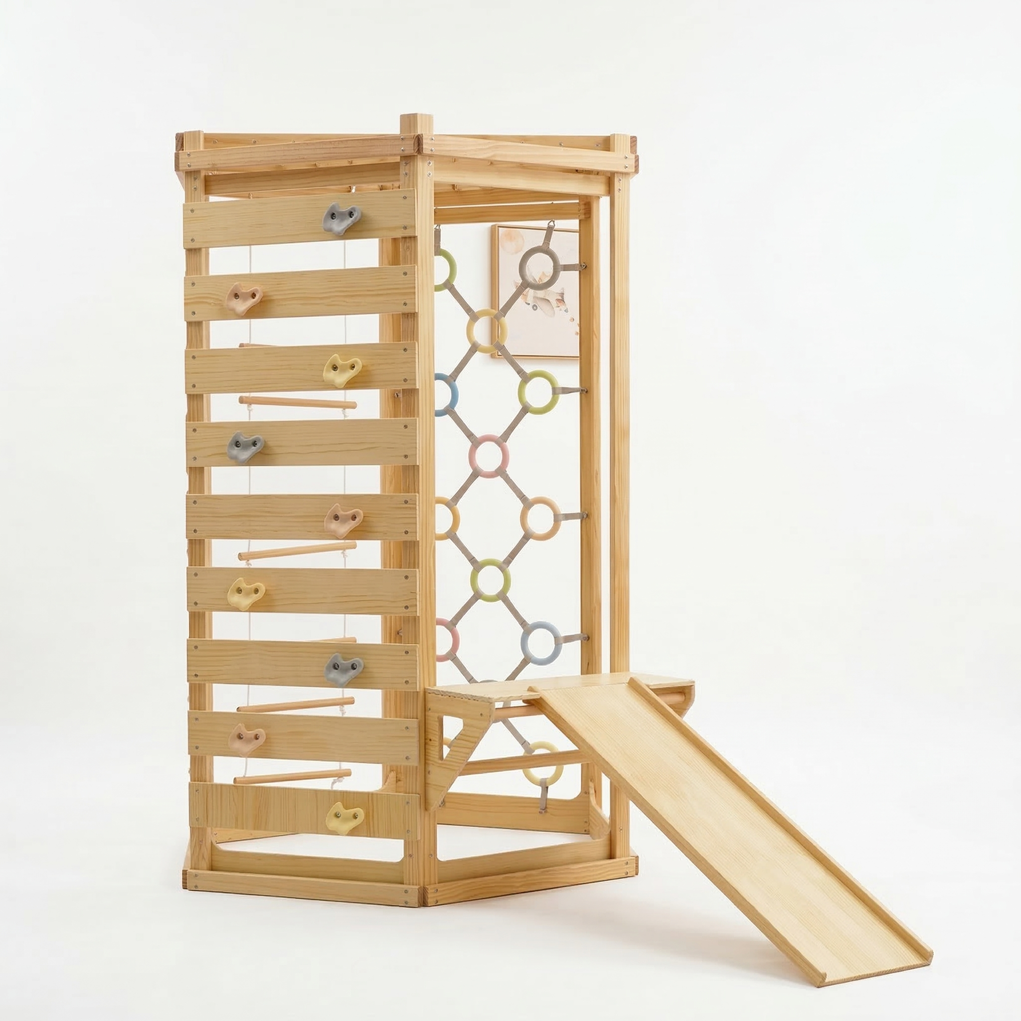 Hawthorn Indoor Playground | 93" Montessori Climbing Gym with Slide & Rope Net