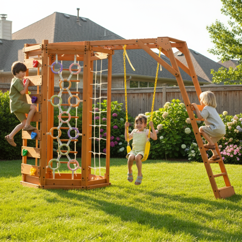 Children playing on a wooden playground set in a backyard with green grass and flowers.