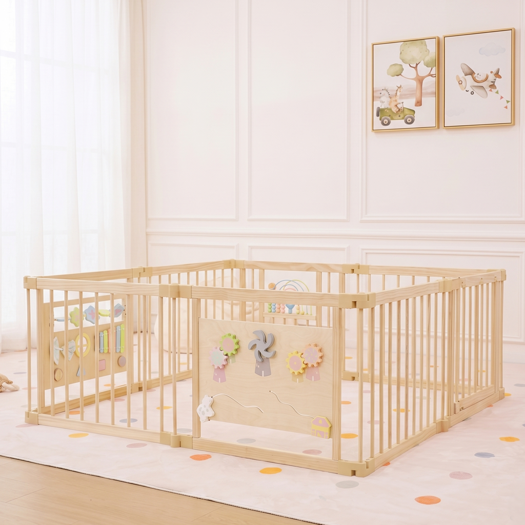 Wooden Baby Playpen – Foldable Montessori Play Yard with Sensory Panels