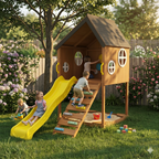 Mimosa Wooden Outdoor Playhouse with Slide, Climbing Stairs & Sensory Gear Panel