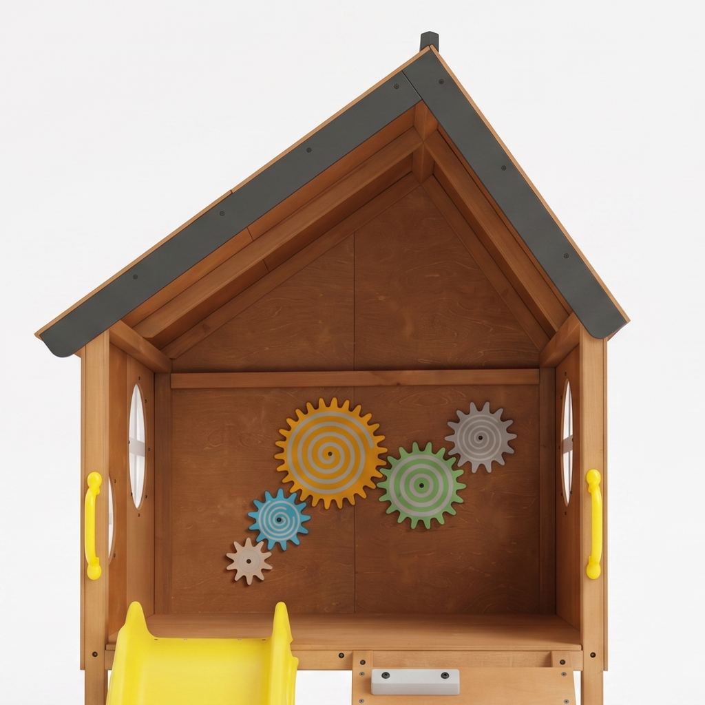 Mimosa Wooden Outdoor Playhouse with Slide, Climbing Stairs & Sensory Gear Panel