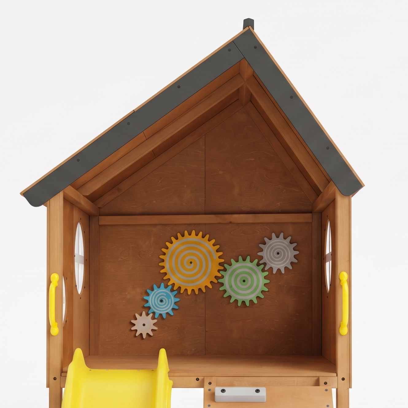 Mimosa Wooden Outdoor Playhouse with Slide, Climbing Stairs & Sensory Gear Panel