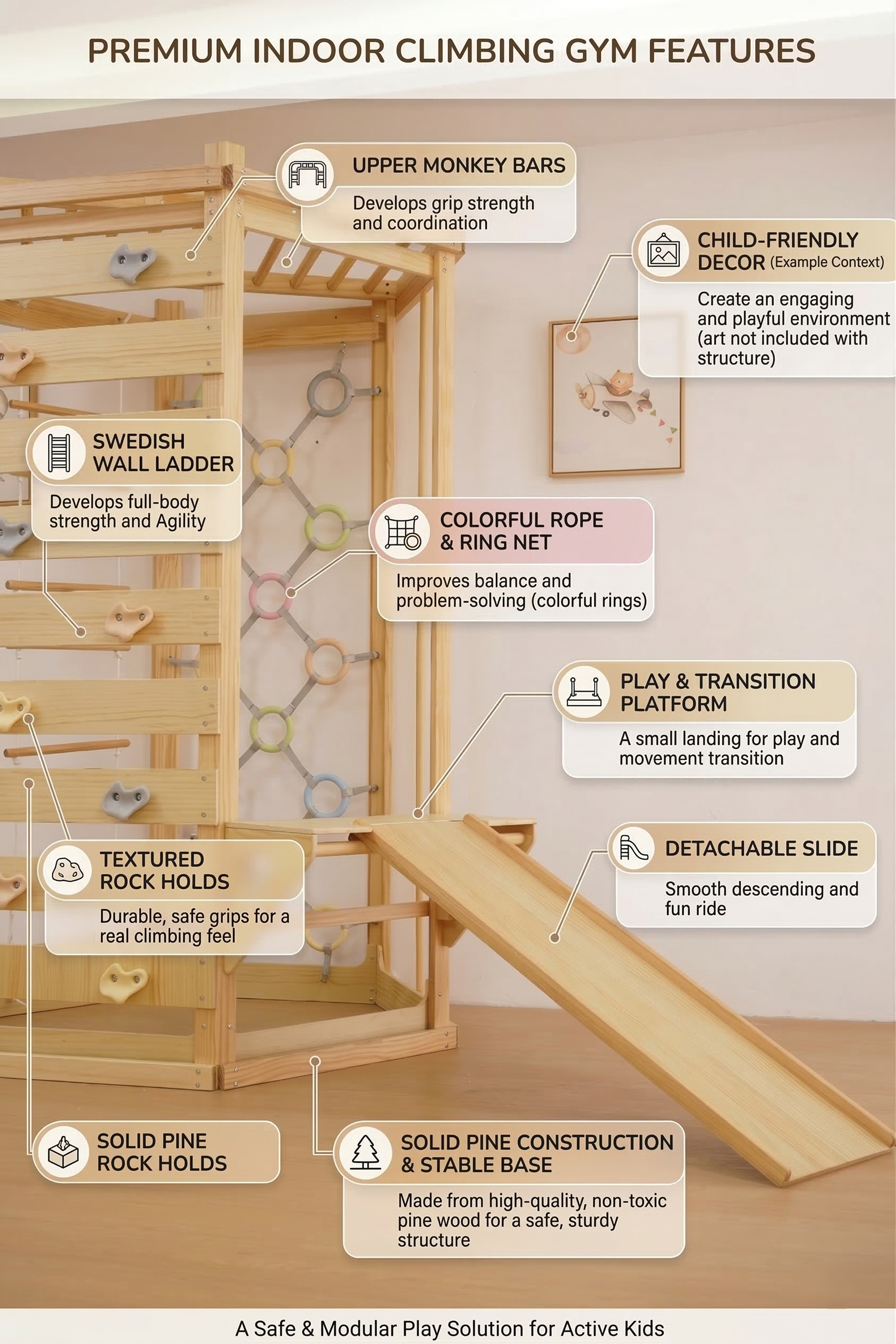 Hawthorn Indoor Playground | 93" Montessori Climbing Gym with Slide & Rope Net