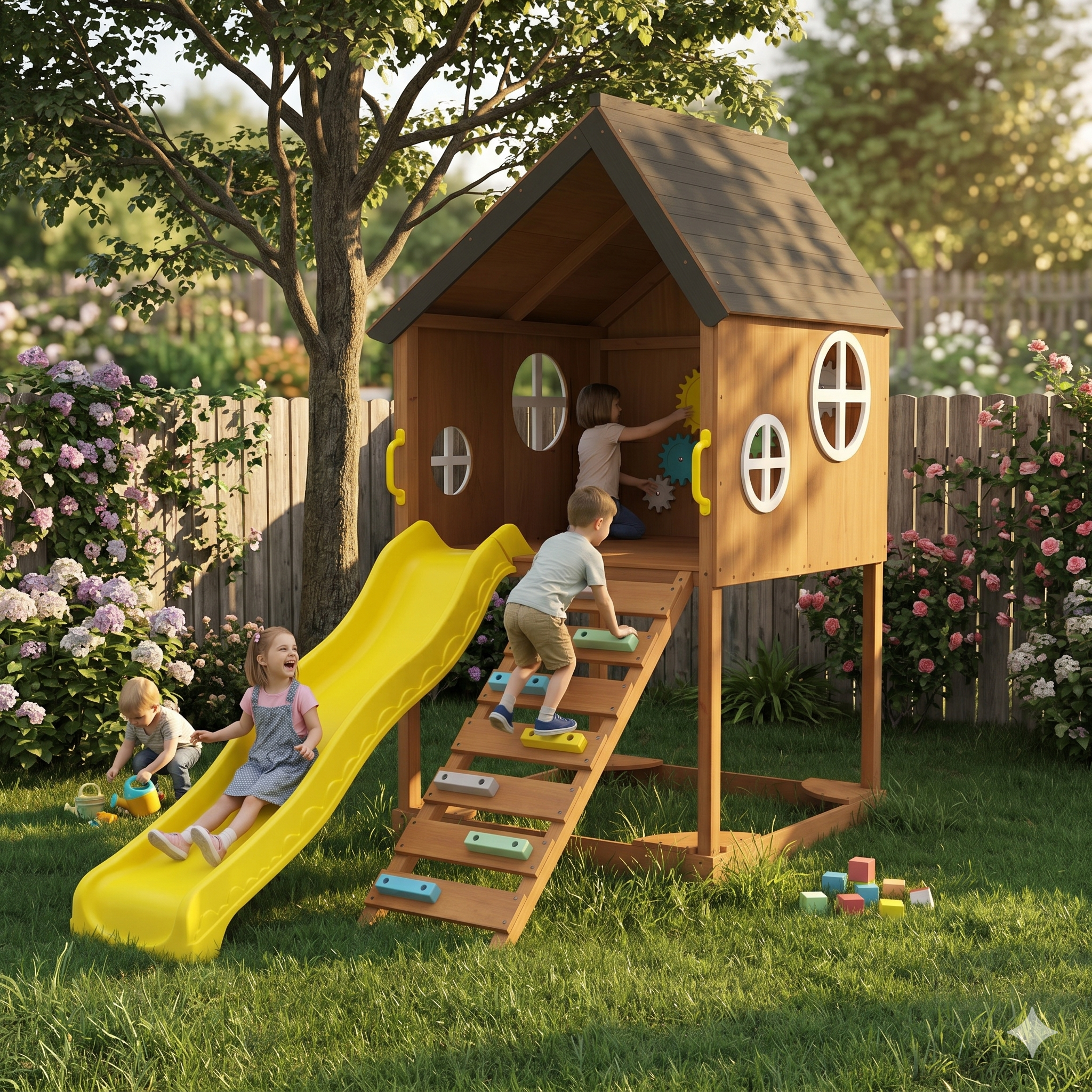 Mimosa Wooden Outdoor Playhouse with Slide, Climbing Stairs & Sensory Gear Panel