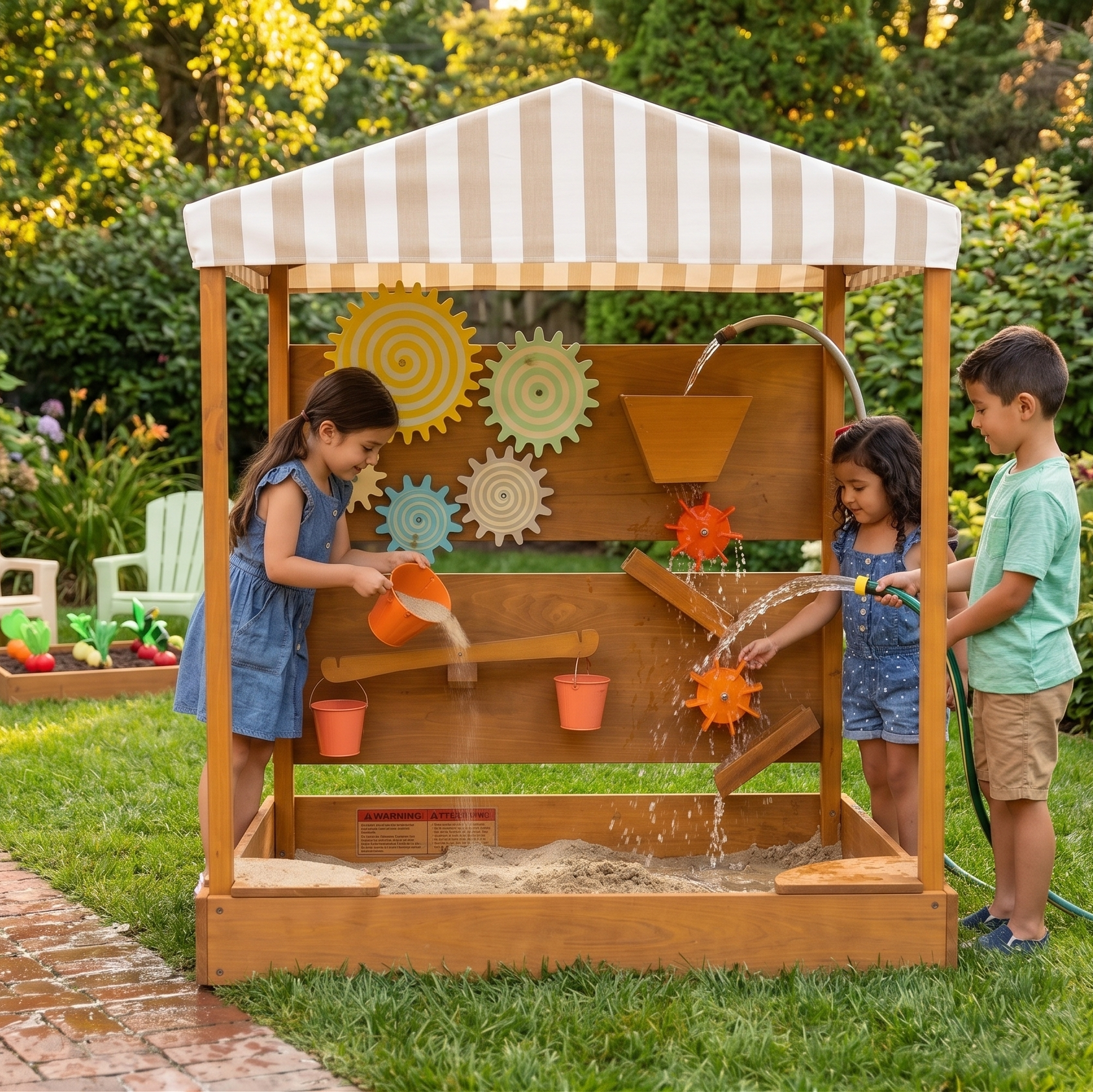 Children playing with a wooden water play set in a garden