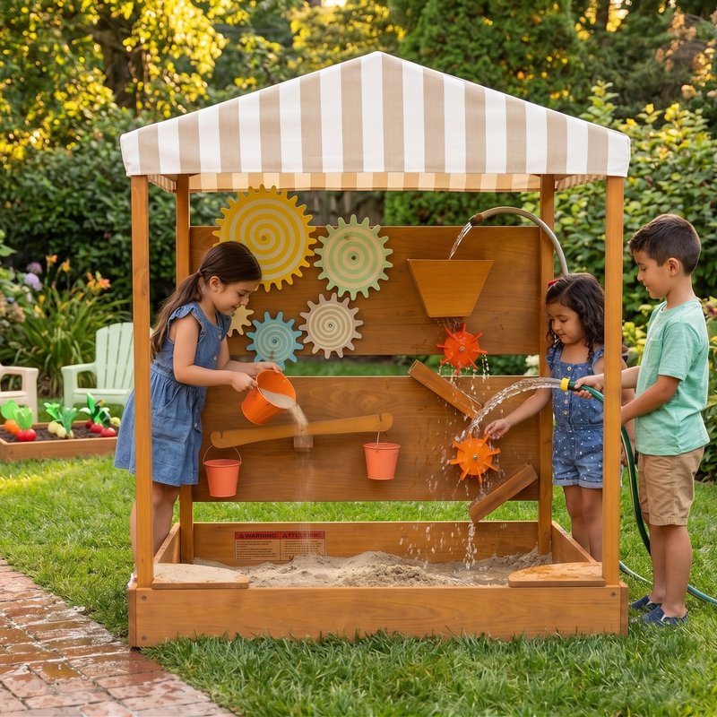 Children playing with a wooden water play set in a garden