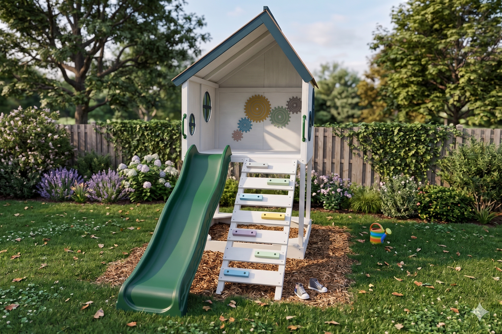 Mimosa | Wooden Outdoor Playhouse with Slide, Climbing Stairs & Gear Panel