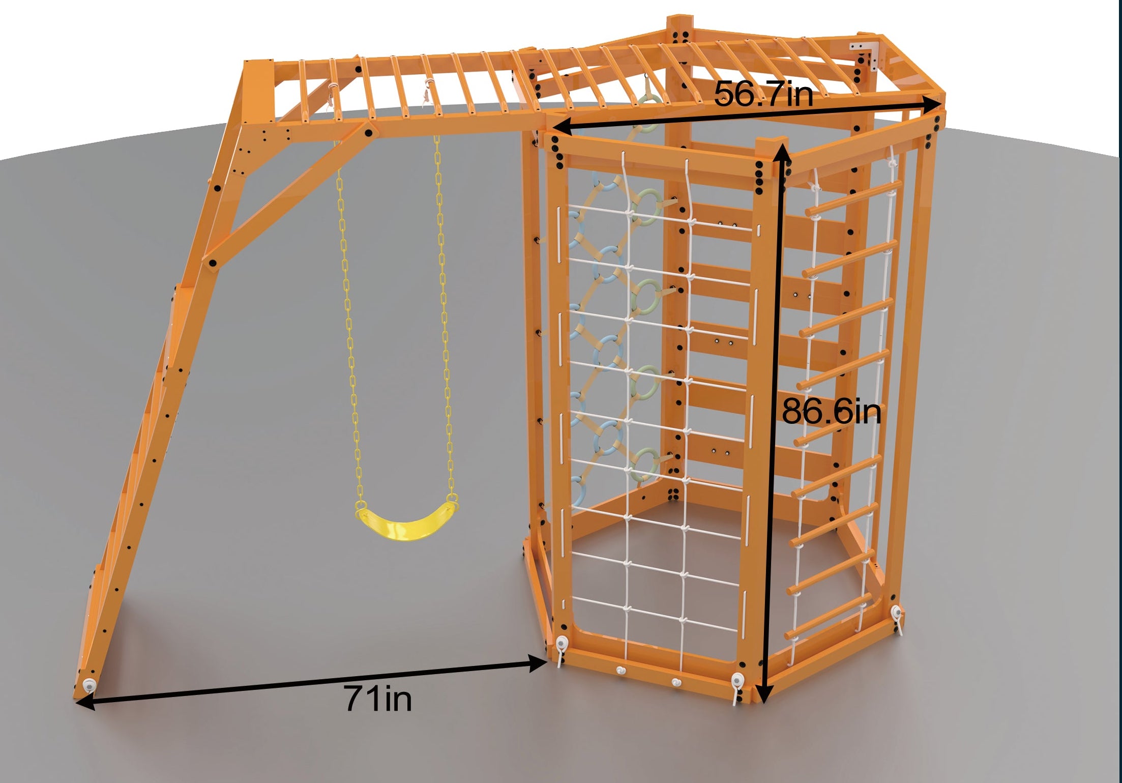 Two playground structures with swings, showing dimensions on a gray background.