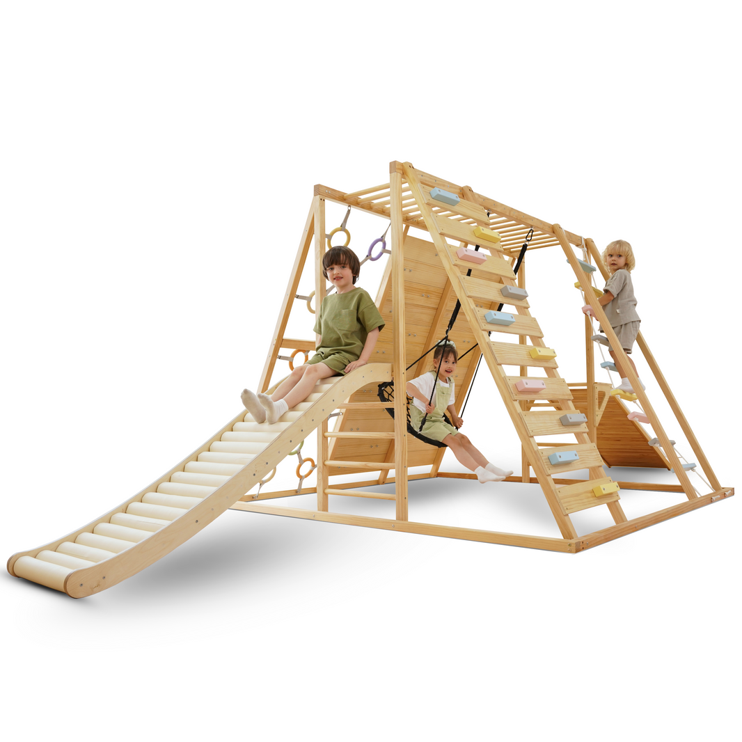 Avenlur Sweetgum Jumbo Indoor Wooden Playset – Montessori 8-in-1 Climber with Slide, Rock Wall & Swing