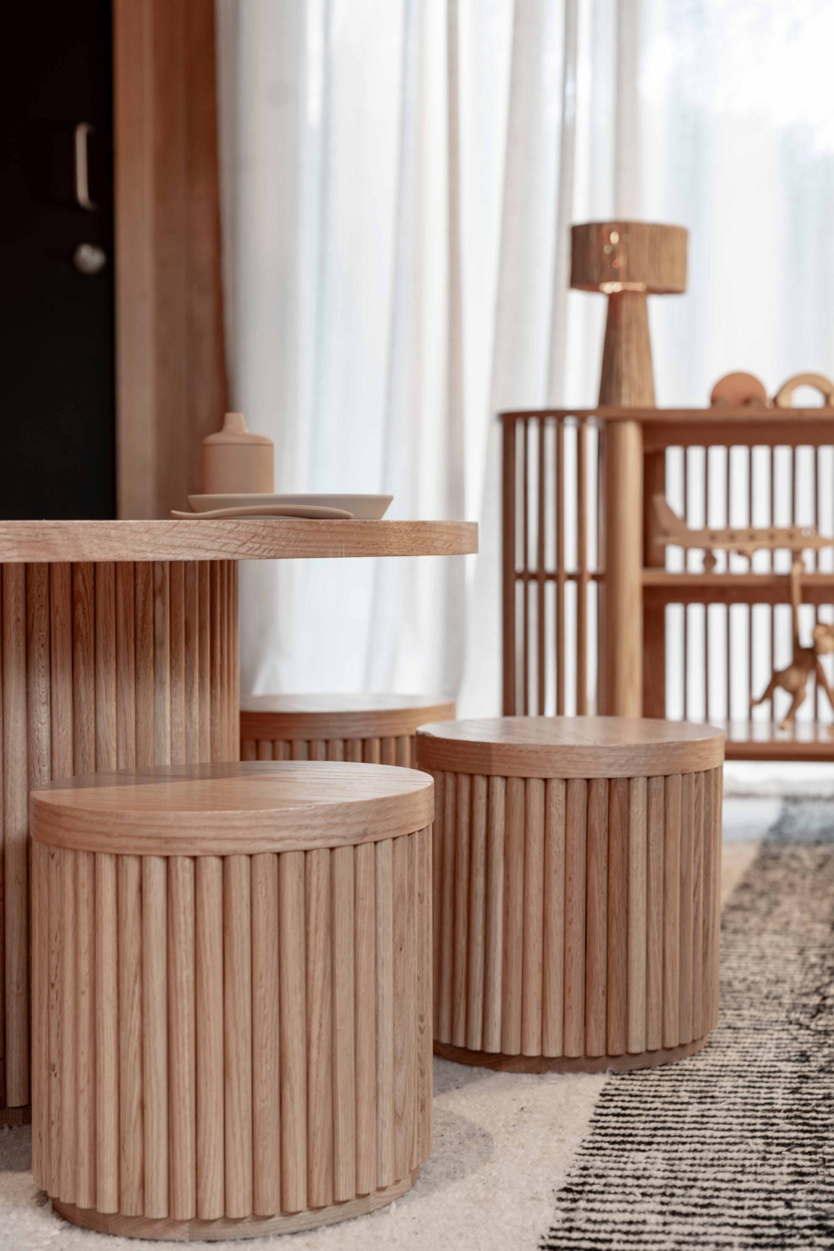 Fluted Round Wooden Stool – Solid European Oak Kids Seat