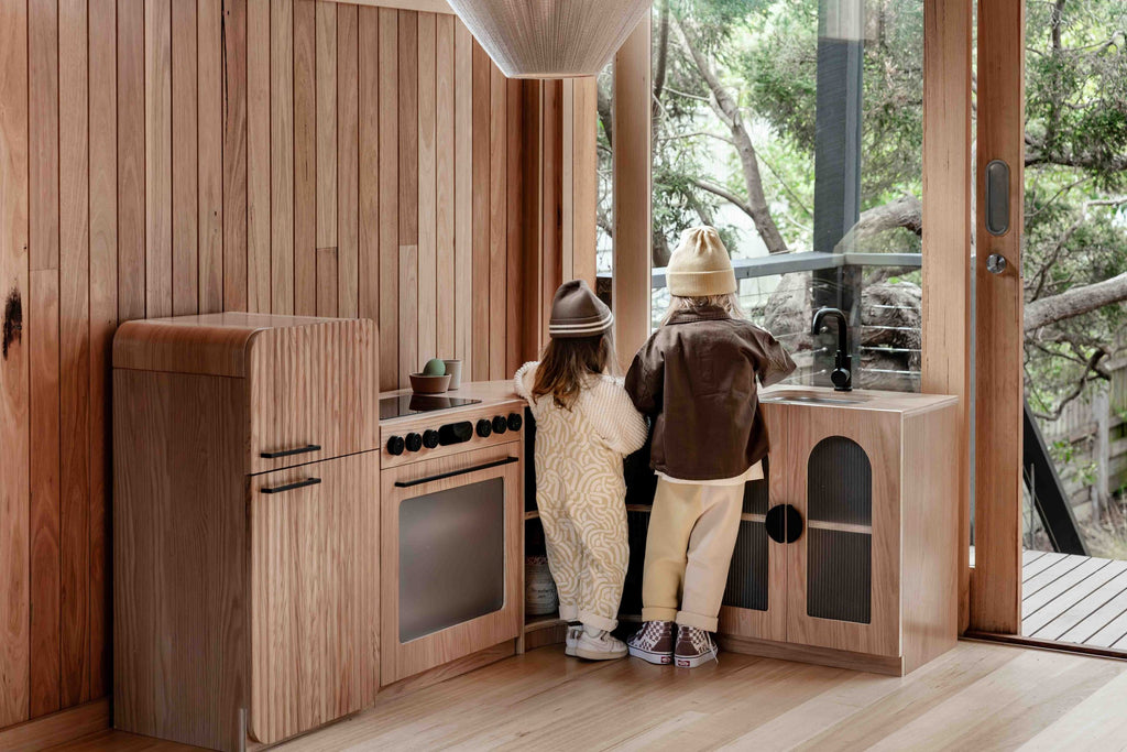 Oak Fluted Play Fridge – Montessori Wooden Toy Refrigerator