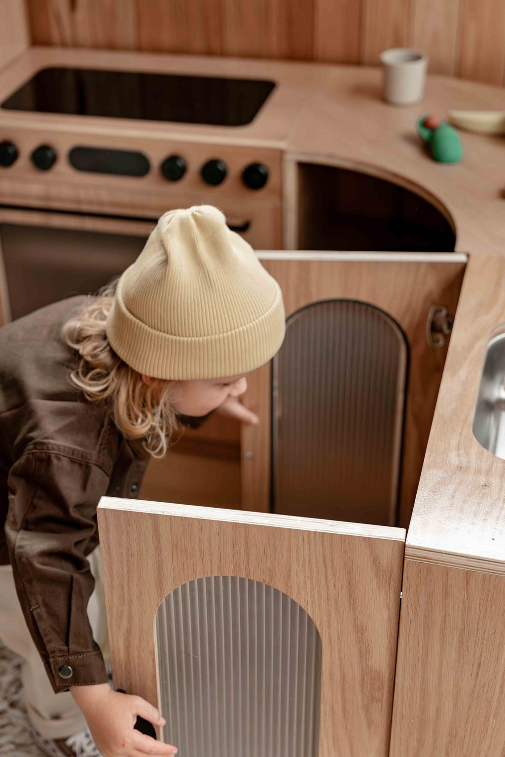 Oak Fluted Play Kitchen Set: Fridge + Sink + Oven