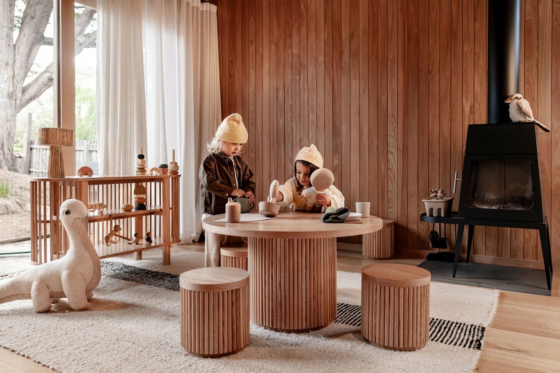 Fluted Round Wooden Stool – Solid European Oak Kids Seat