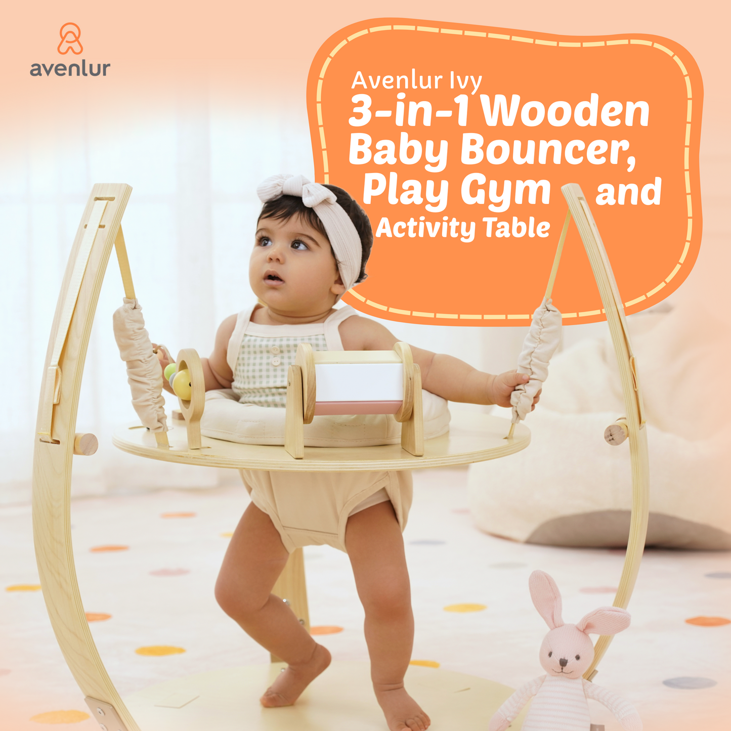 Ivy 3-in-1 Wooden Baby Bouncer, Play Gym & Activity Table