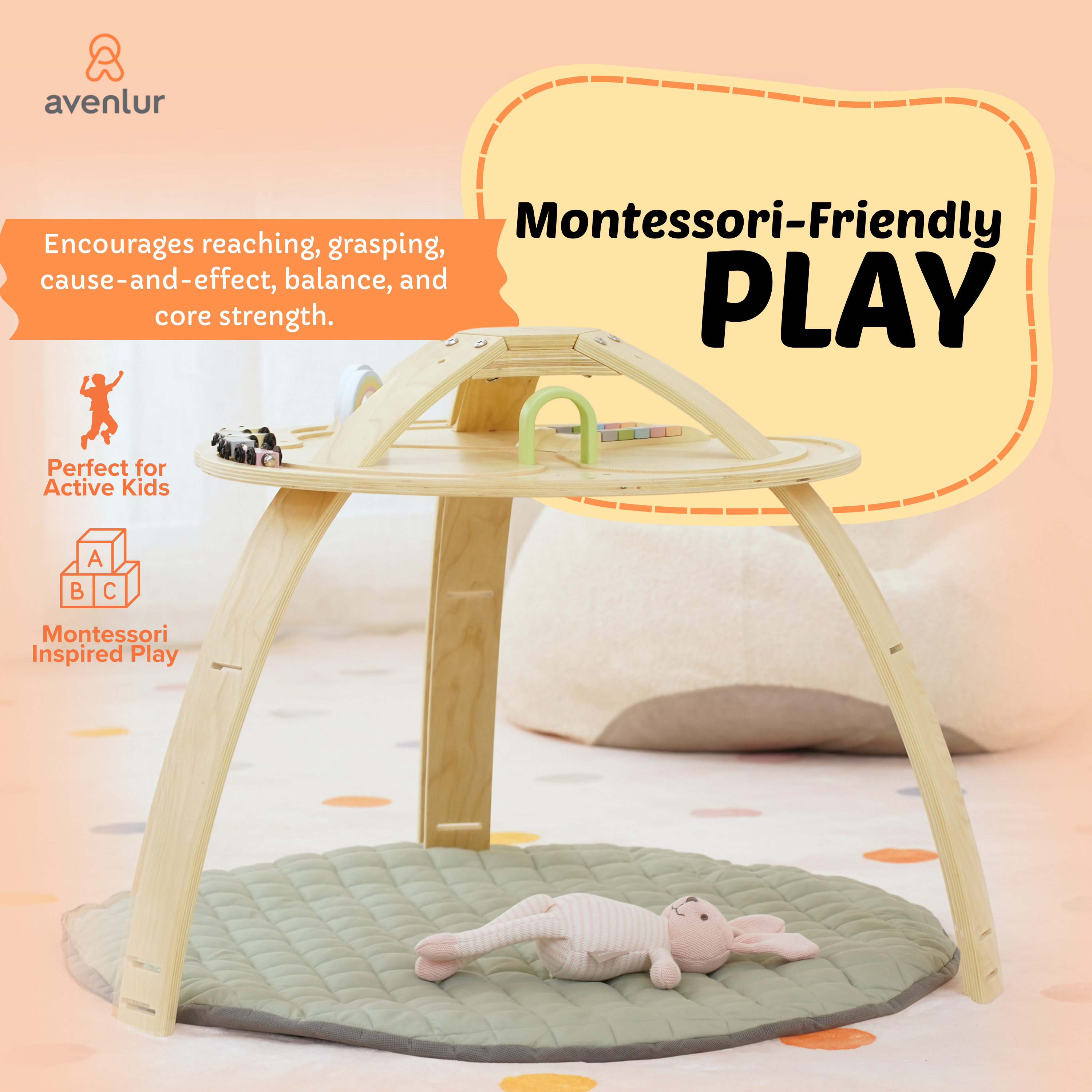 Ivy 3-in-1 Wooden Baby Bouncer, Play Gym & Activity Table