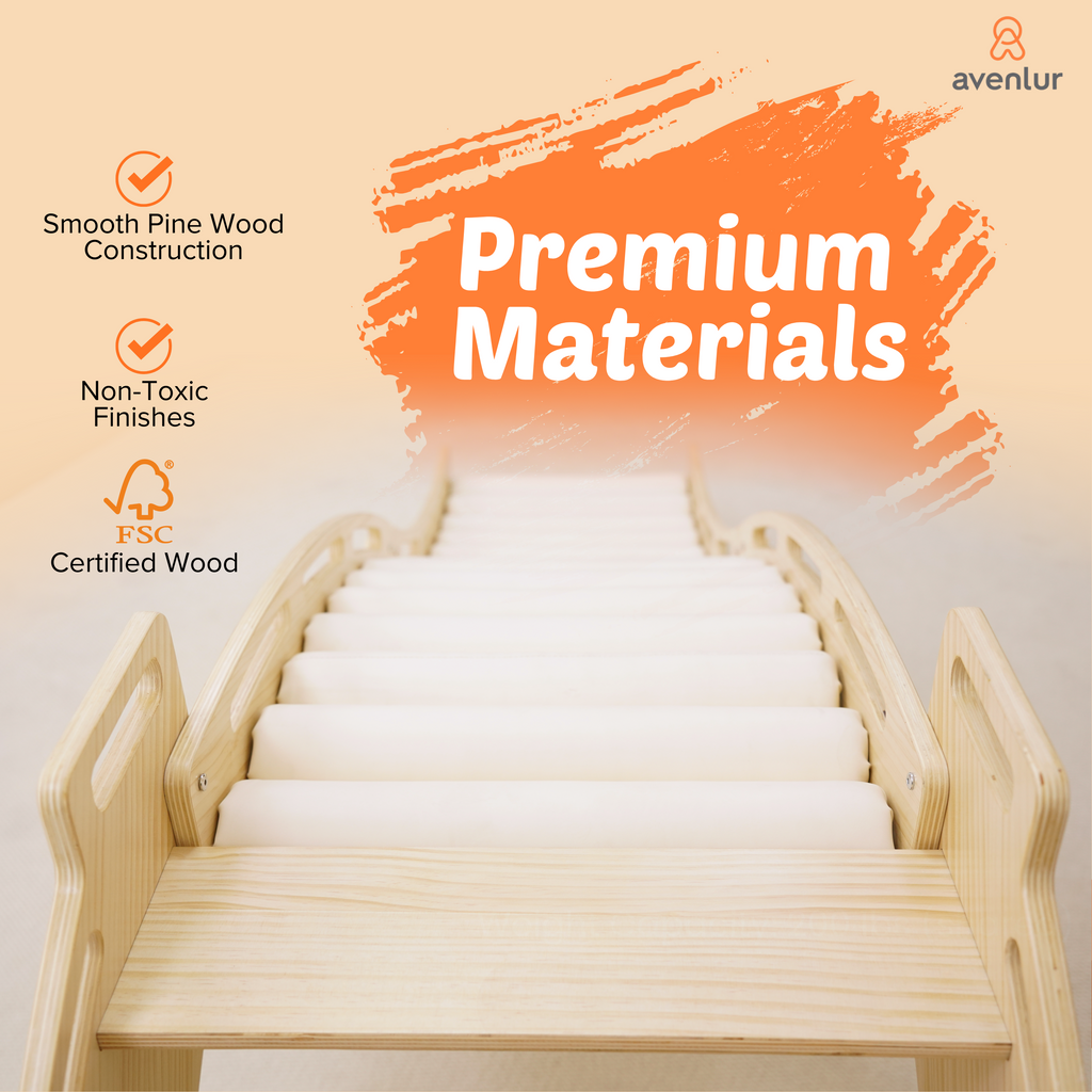 Indoor wooden roller slide flipped into rocker mode for balance, rocking, and gross motor development