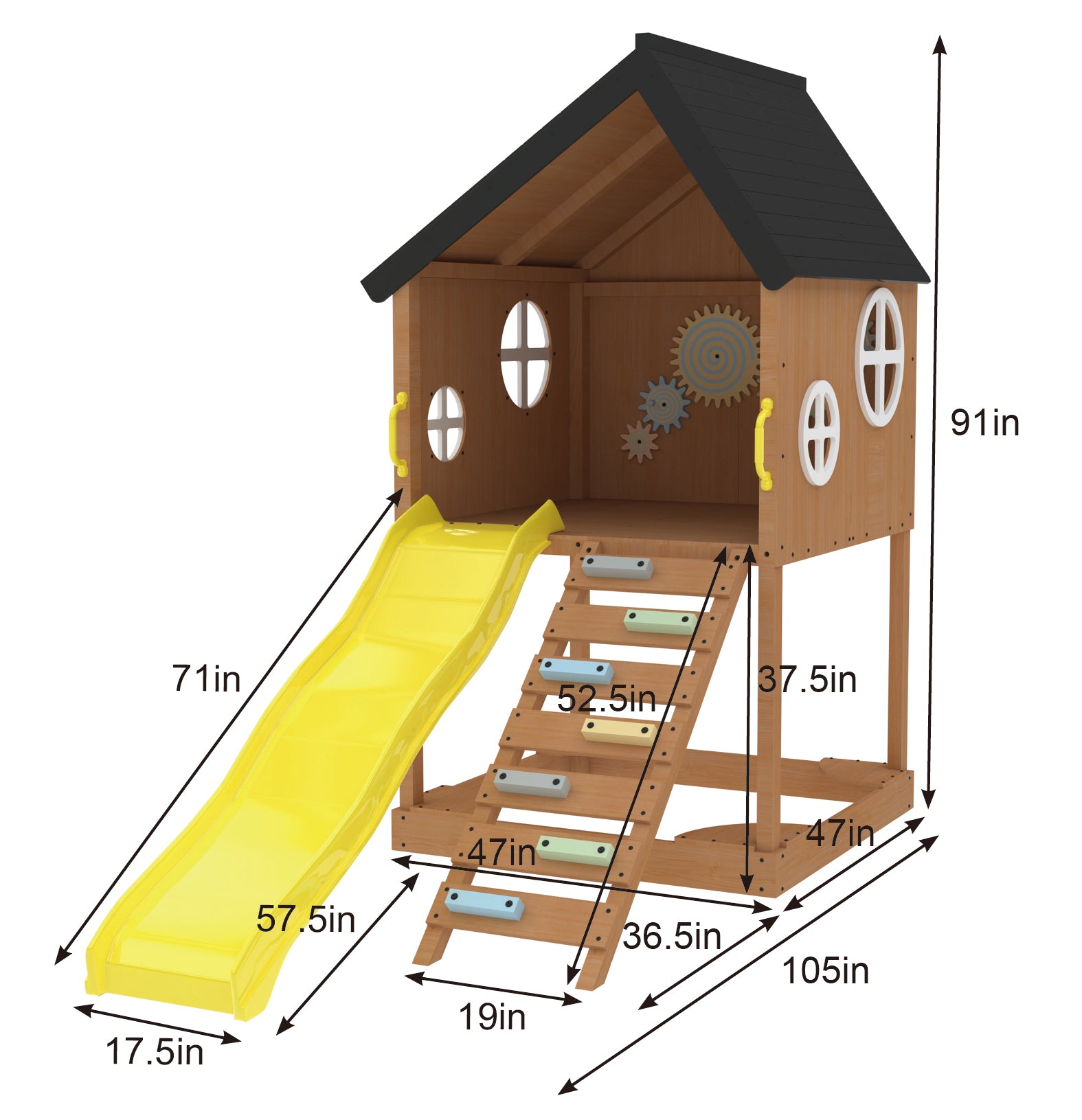 Mimosa Wooden Outdoor Playhouse with Slide, Climbing Stairs & Sensory Gear Panel