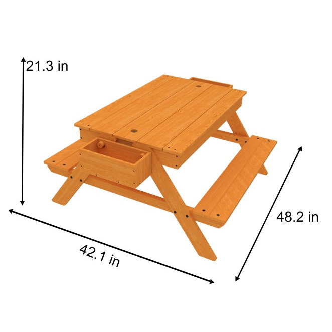 Wooden children's picnic table with dimensions labeled on a white background