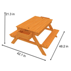 Wooden children's picnic table with dimensions labeled on a white background