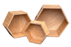 Three wooden hexagonal shelves on a white background