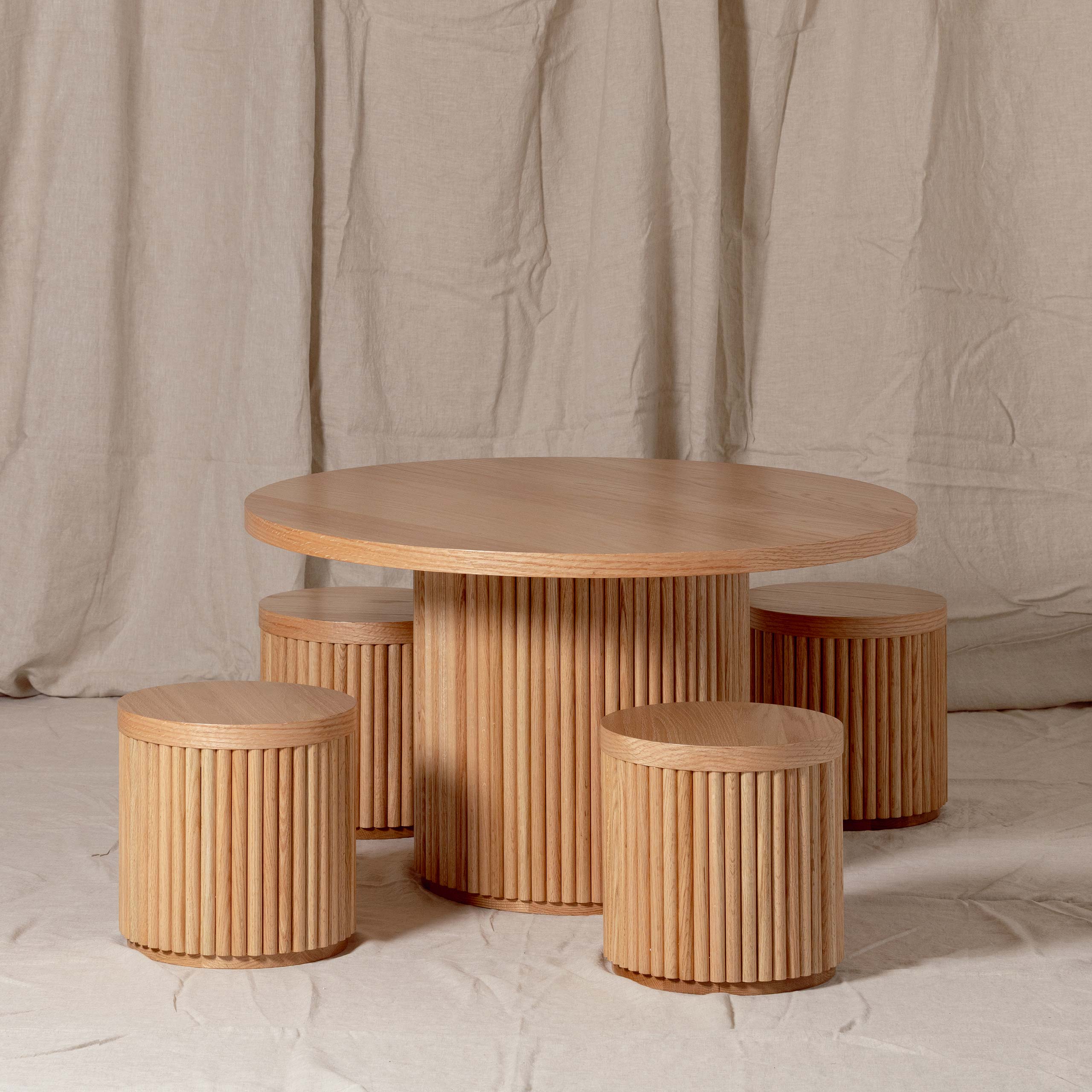 Fluted Round Wooden Stool – Solid European Oak Kids Seat