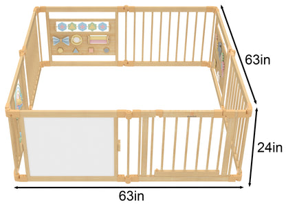 Wooden Baby Playpen with Mirror & Whiteboard Panel – Foldable 63" x 63" Montessori Sensory Play Yard