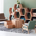 Modern room with geometric wooden furniture and decor