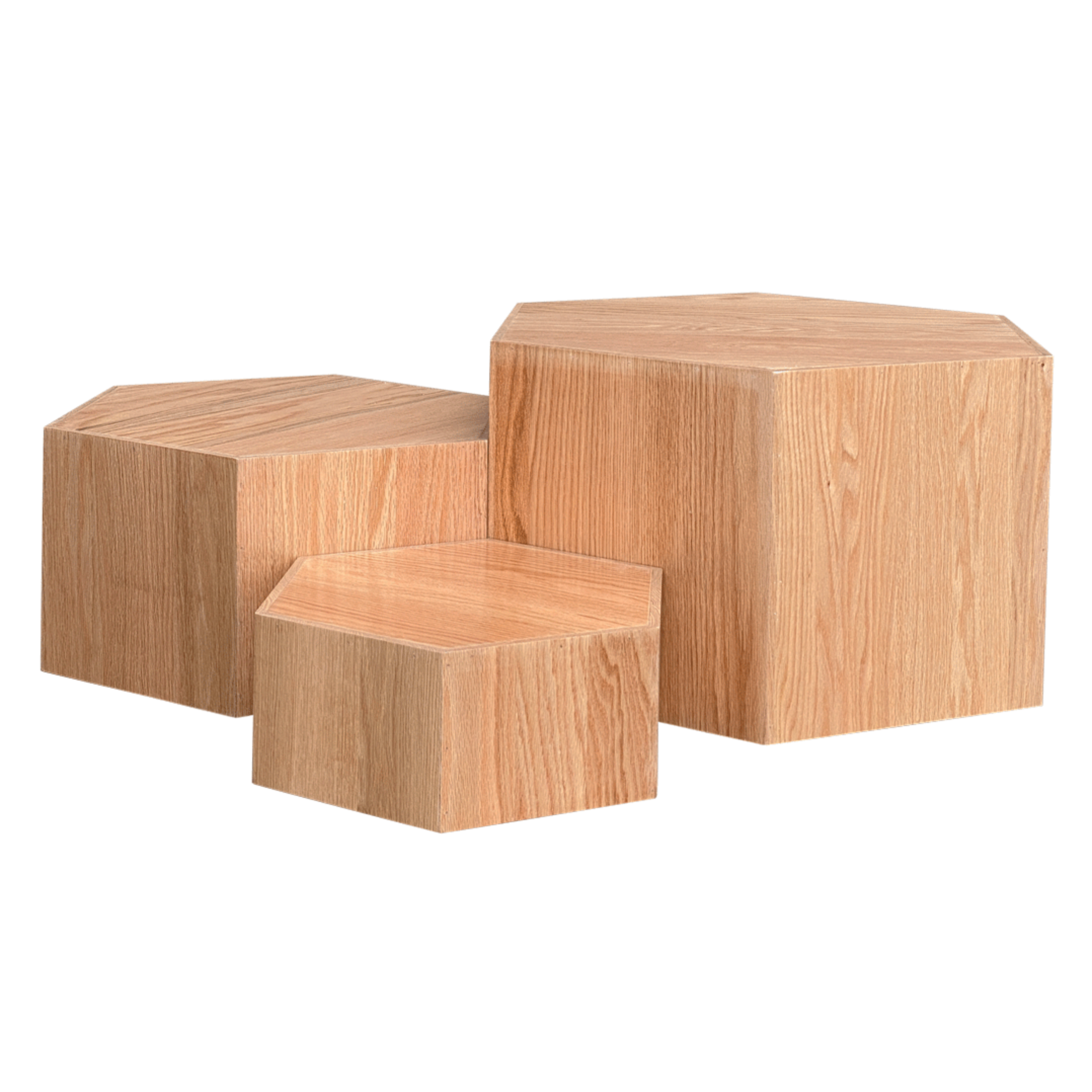 Three hexagonal wooden tables of different sizes on a white background