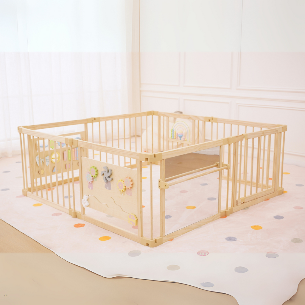 Wooden Baby Playpen with Mirror & Whiteboard Panel – Foldable 63" x 63" Montessori Sensory Play Yard