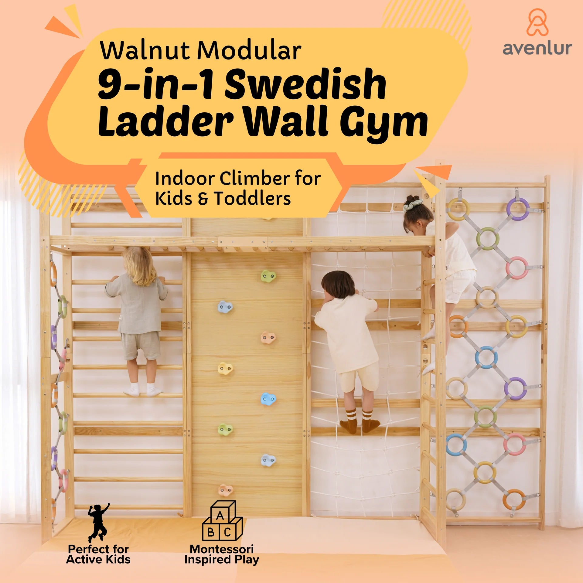 Walnut 9-in-1 Swedish Ladder Wall Gym – Indoor Climber for Kids