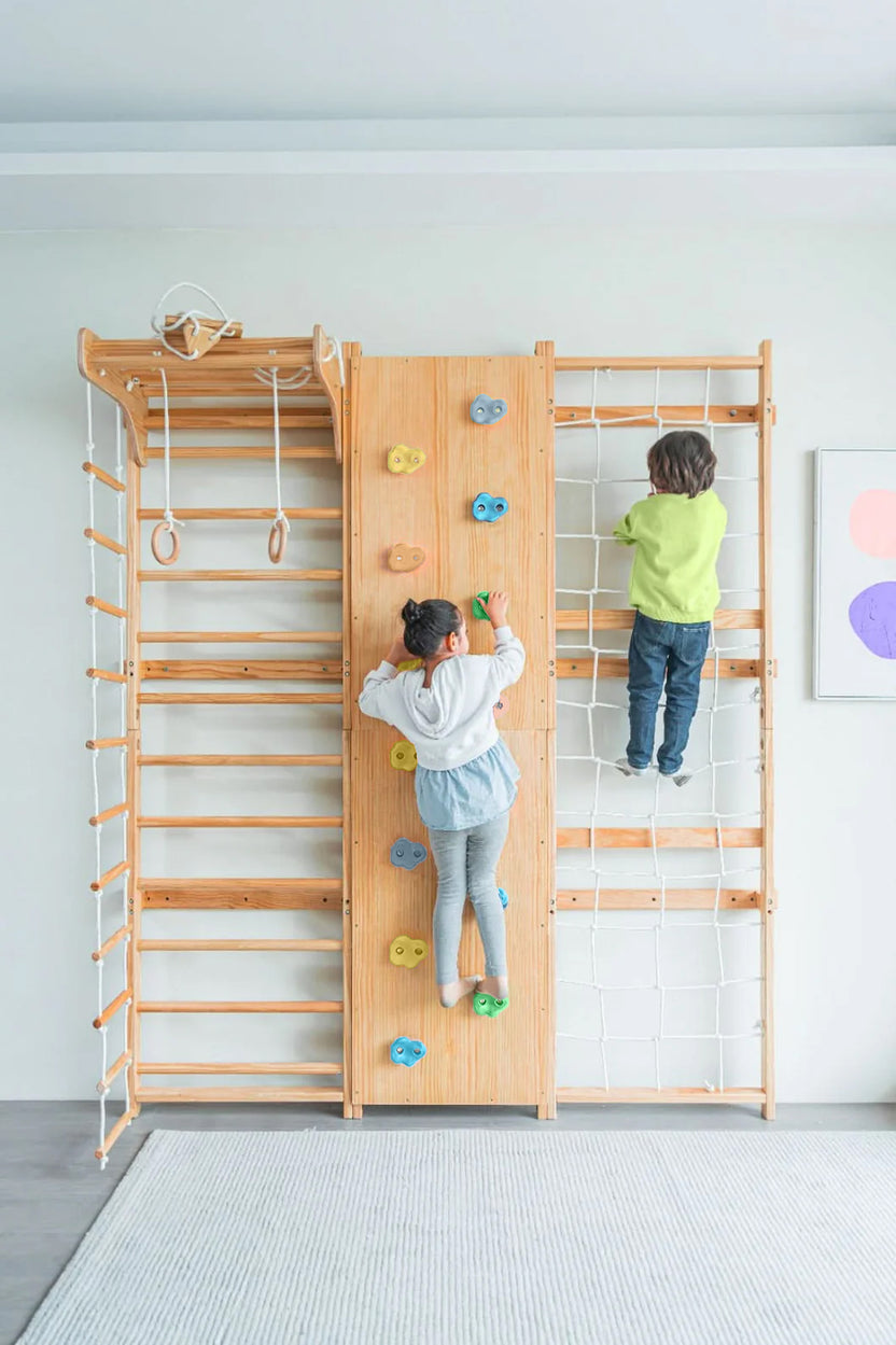 Children climbing the rock wall and rope net of an Avenlur Walnut Swedish ladder wall gym