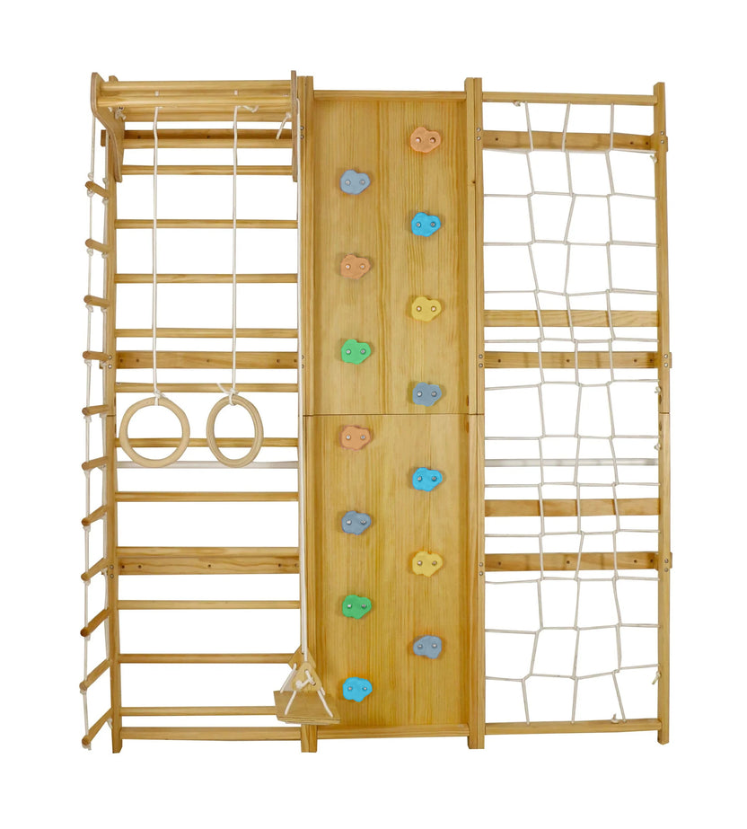 Avenlur Walnut Swedish ladder mounted along a playroom wall with open floor space in front