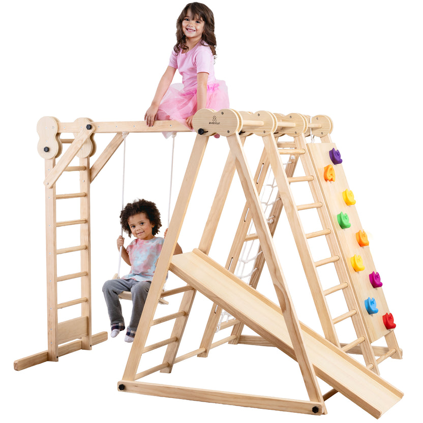 Avenlur sensory swing hanging from a wooden indoor climber