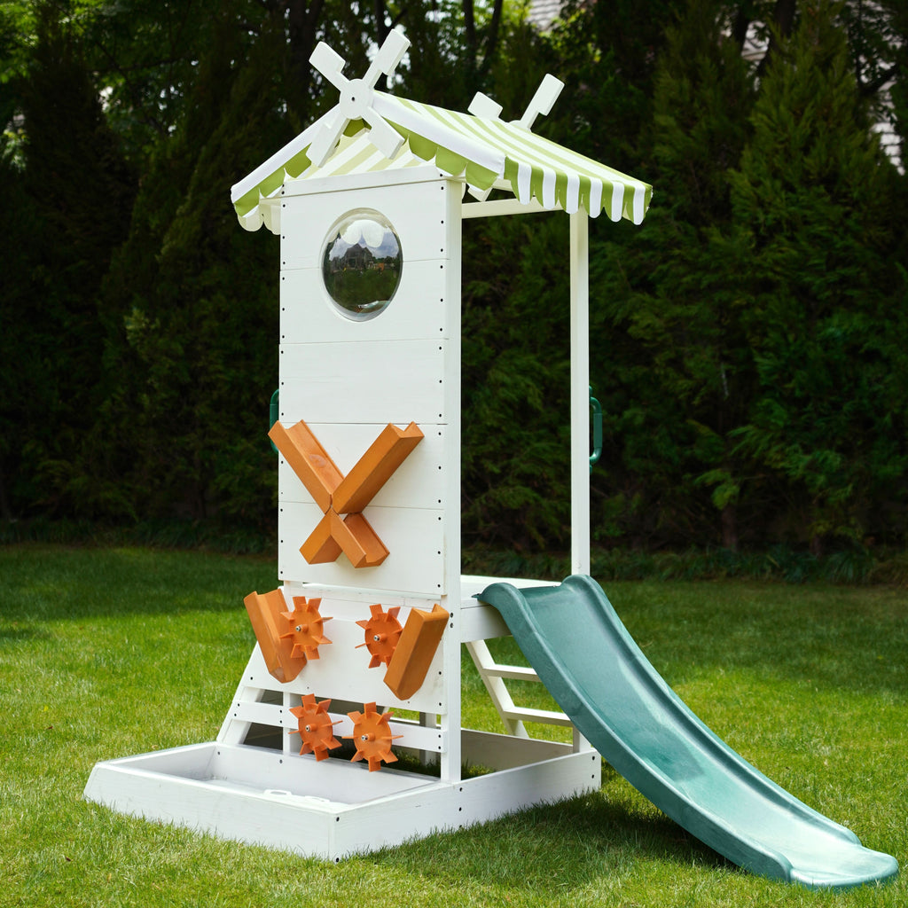 Avenlur Aloe wooden outdoor playhouse with slide and sensory water activity panel