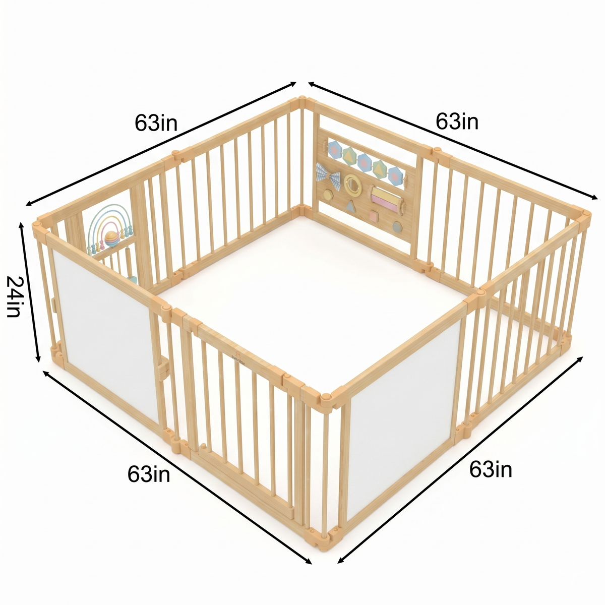 Baby looking in the mirror panel of the Avenlur baby play yard