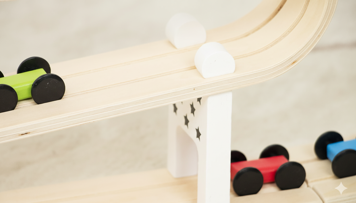 Wooden cars racing down the Avenlur car ramp racer