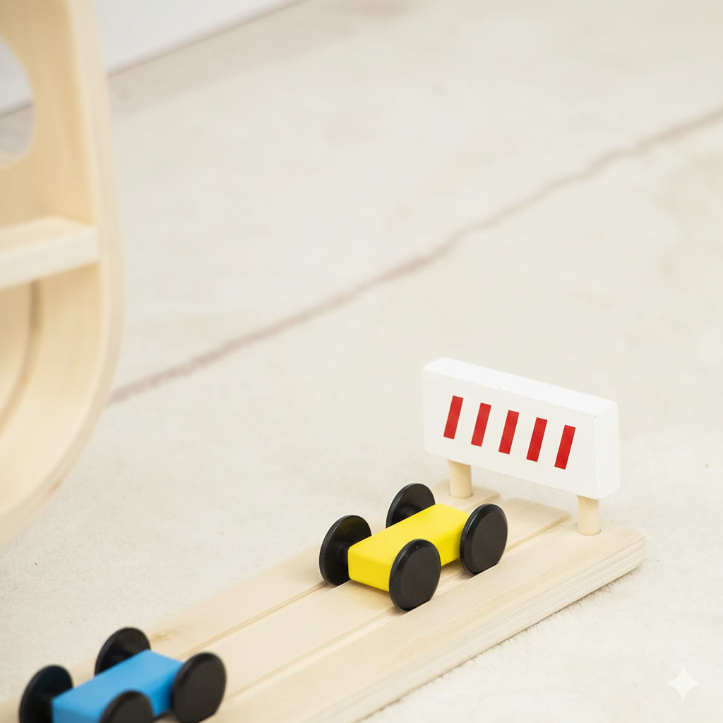 Avenlur wooden car ramp racer on a Montessori toy shelf