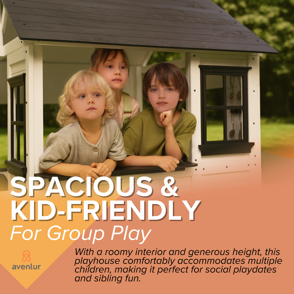 Three children leaning out of the window of the Avenlur Casa Wooden Playhouse, illustrating spacious and kid-friendly design for group play.

