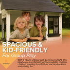 Three children leaning out of the window of the Avenlur Casa Wooden Playhouse, illustrating spacious and kid-friendly design for group play.

