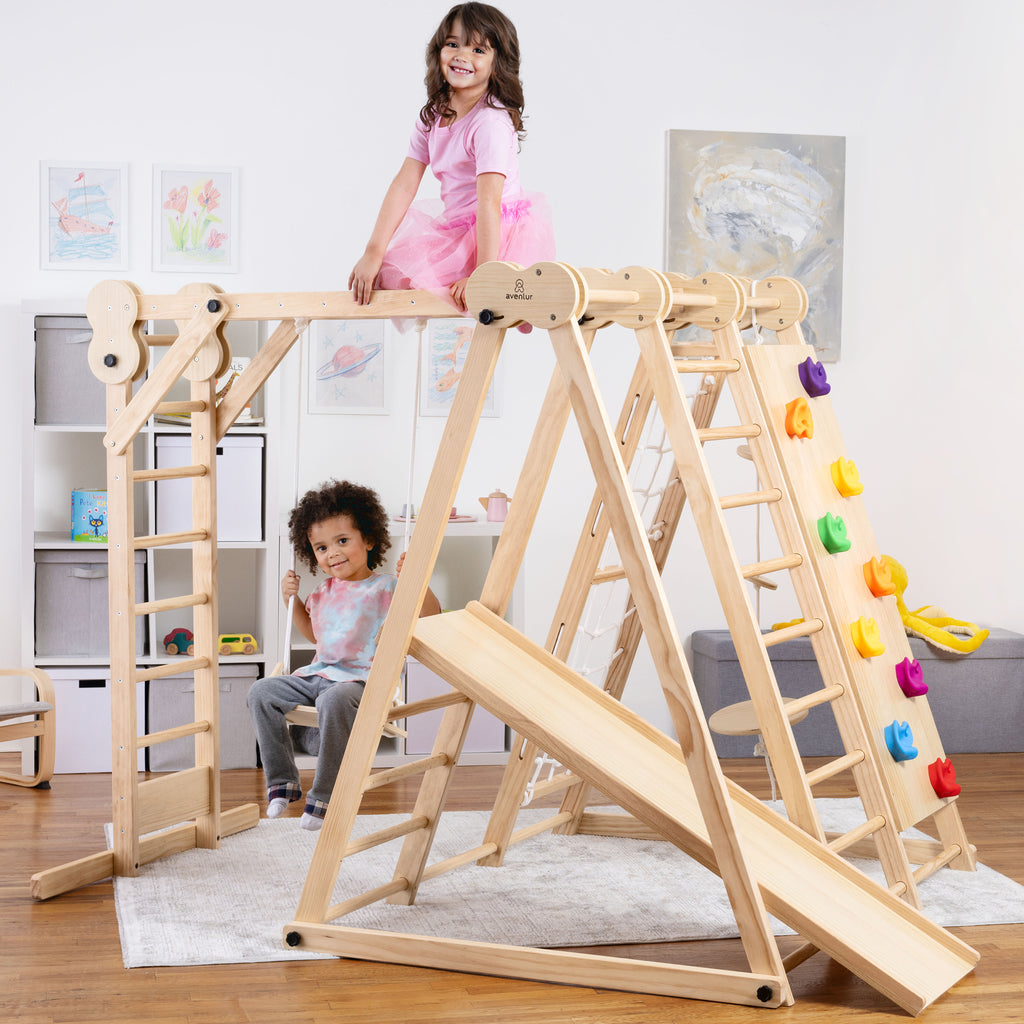 Avenlur Chestnut indoor jungle gym for toddlers with slide and climbing wall