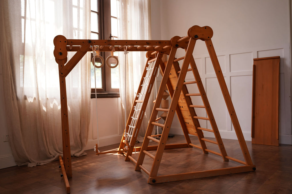 Toddlers playing on the Avenlur Chestnut toddler jungle gym